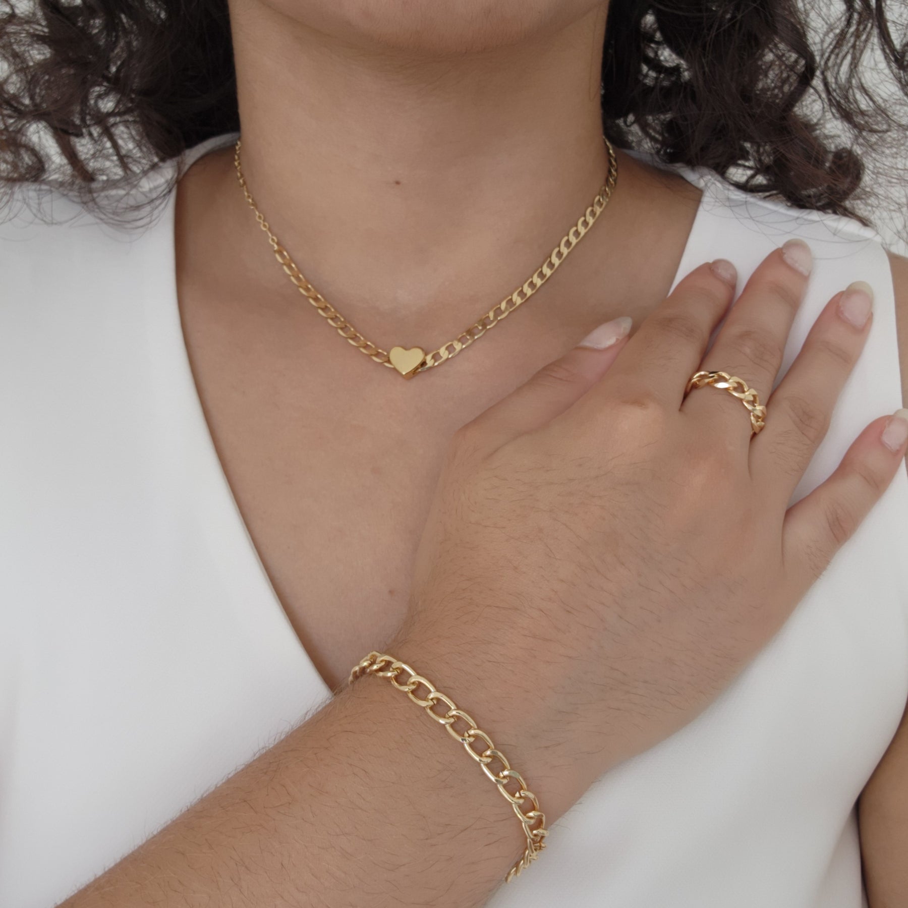 Kit Colar + Pulseira + Anel Regulável Elos Groumet Coração - Banho de Ouro 18k