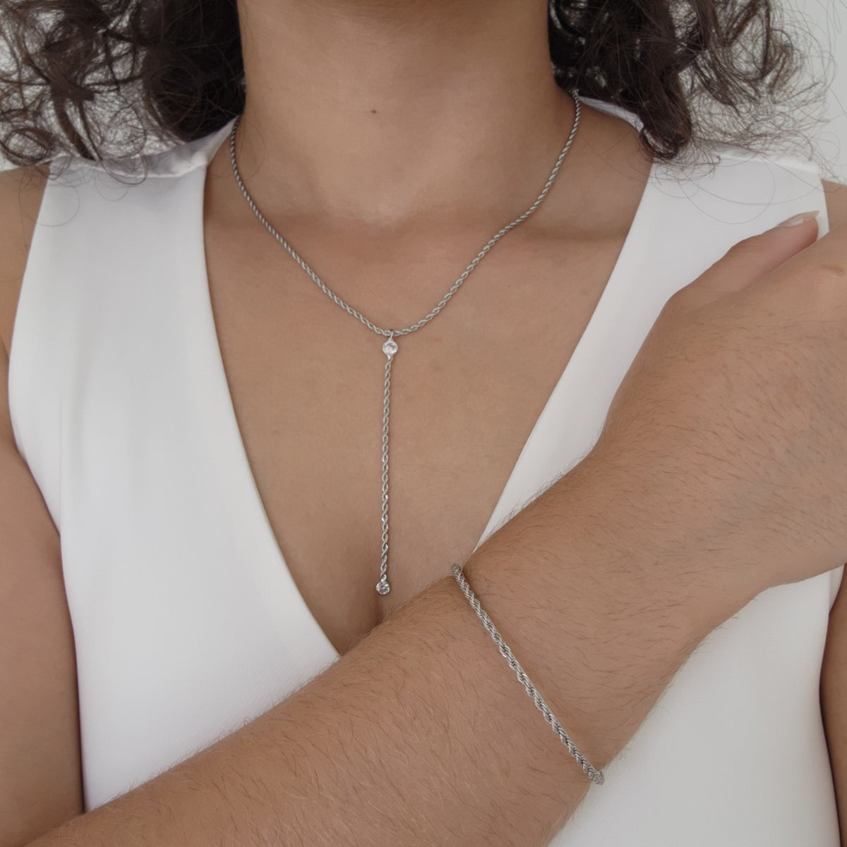 Kit Colar Gravatinha Cordão Baiano + Bracelete Cordão Baiano - Banho de Ródio Branco