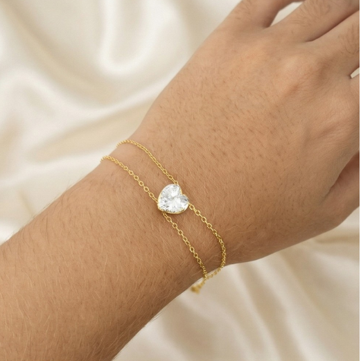 Pulseira Coração Ponto de Luz em Zircônia Cristal - Banho de Ouro 18k