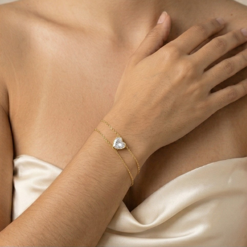 Pulseira Coração Ponto de Luz em Zircônia Cristal - Banho de Ouro 18k