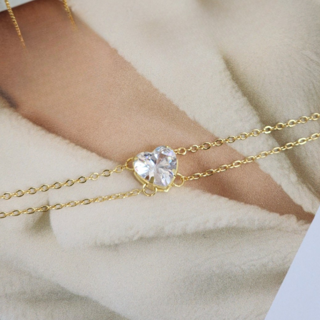 Pulseira Coração Ponto de Luz em Zircônia Cristal - Banho de Ouro 18k
