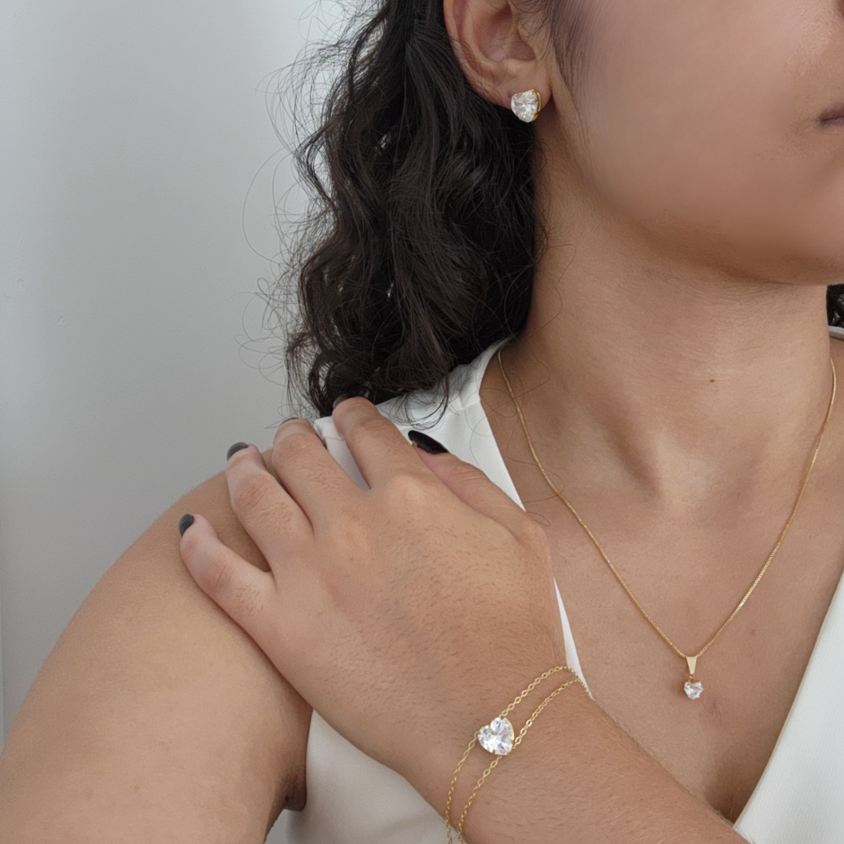 Kit Colar + Brinco + Pulseira Coração Ponto de Luz Zircônia Cristal - Banho de Ouro 18k