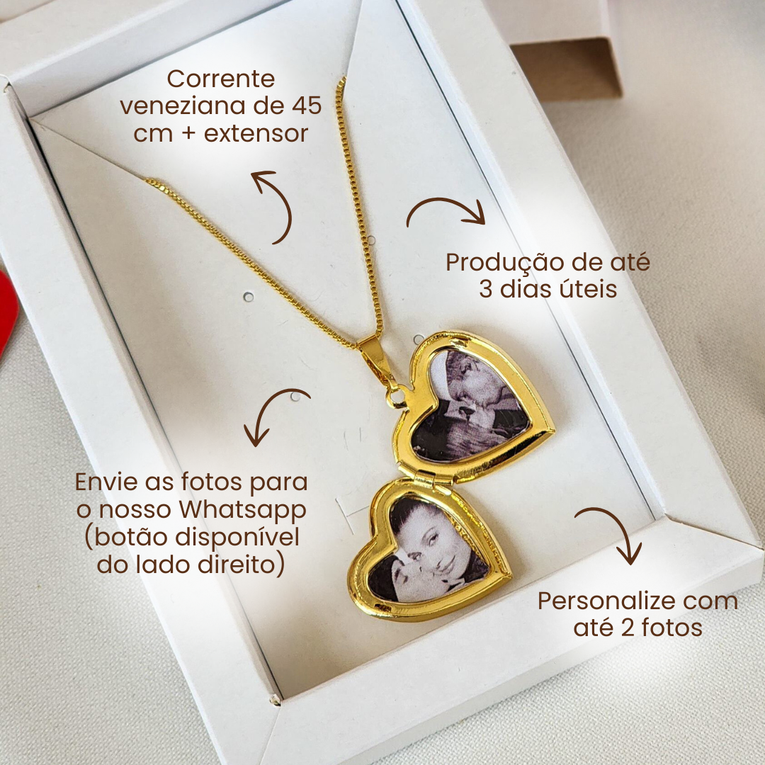 Colar Relicário Coração Personalizado - Banho de Ouro 18k ou Ródio Branco