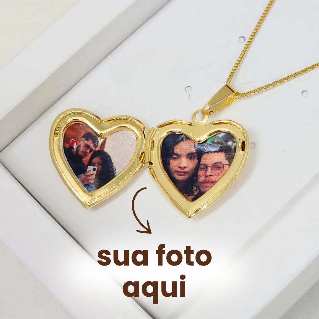 Colar Relicário Coração Personalizado - Banho de Ouro 18k ou Ródio Branco