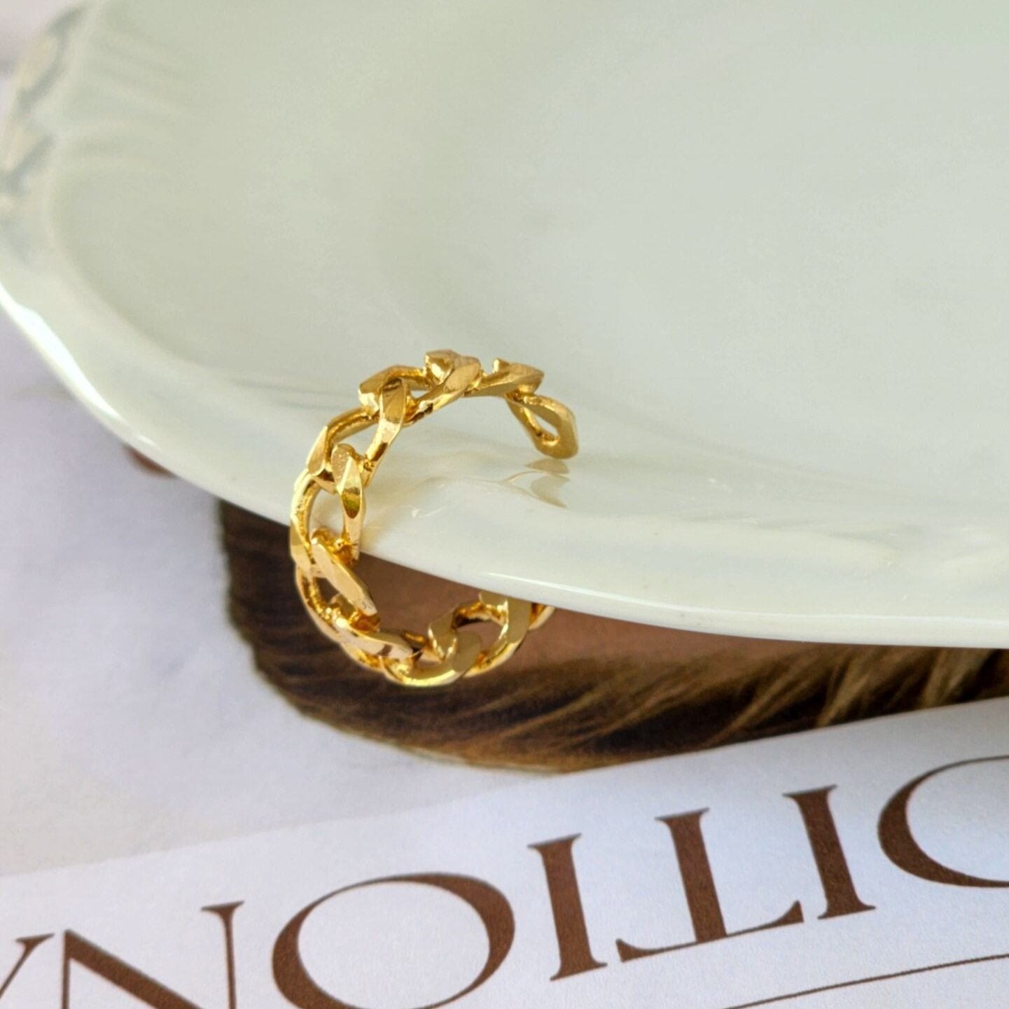 Anel Ajustável Corrente Elos - Banho de Ouro 18k