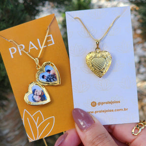 Colar Relicário Coração Personalizado - Banho de Ouro 18k ou Ródio Branco