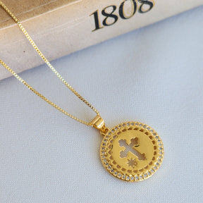 Kit Colar Corrente Veneziana + Pingente Nossa Senhora Cravejado + Pingente Cruz Cravejado - Banho de Ouro 18k