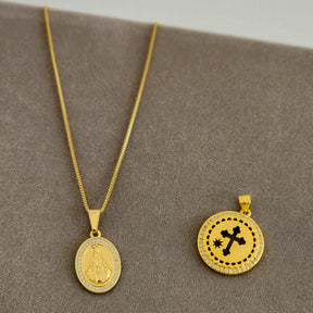 Kit Colar Corrente Veneziana + Pingente Nossa Senhora Cravejado + Pingente Cruz Cravejado - Banho de Ouro 18k