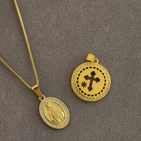 Kit Colar Corrente Veneziana + Pingente Nossa Senhora Cravejado + Pingente Cruz Cravejado - Banho de Ouro 18k