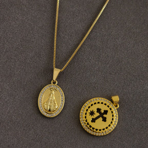 Kit Colar Corrente Veneziana + Pingente Nossa Senhora Cravejado + Pingente Cruz Cravejado - Banho de Ouro 18k