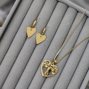 Kit Colar Coração Árvore da Vida Cravejado + Brinco Argola Coração - Banho de Ouro 18k