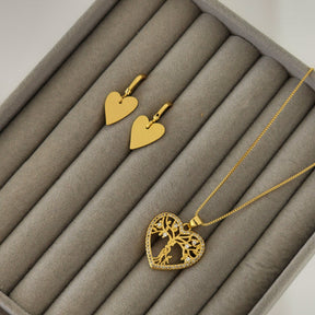 Kit Colar Coração Árvore da Vida Cravejado + Brinco Argola Coração - Banho de Ouro 18k