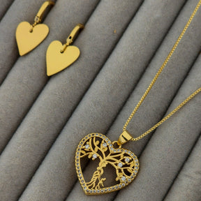 Kit Colar Coração Árvore da Vida Cravejado + Brinco Argola Coração - Banho de Ouro 18k