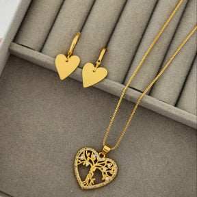 Kit Colar Coração Árvore da Vida Cravejado + Brinco Argola Coração - Banho de Ouro 18k