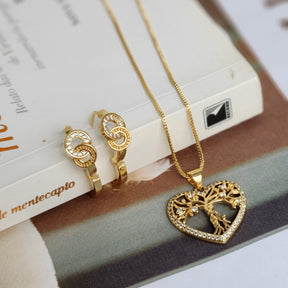 Kit Conjunto Colar Árvore da Vida Coração Cravejado + Brinco Argola Cravejado — Banho de Ouro 18k