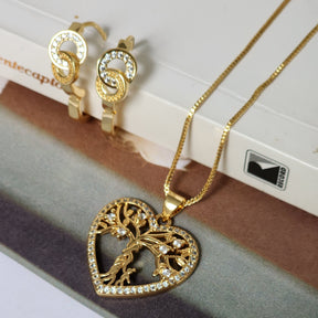 Kit Conjunto Colar Árvore da Vida Coração Cravejado + Brinco Argola Cravejado — Banho de Ouro 18k