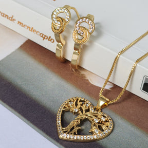 Kit Conjunto Colar Árvore da Vida Coração Cravejado + Brinco Argola Cravejado — Banho de Ouro 18k