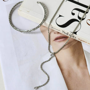 Kit Colar Gravatinha Cordão Baiano + Bracelete Cordão Baiano - Banho de Ródio Branco