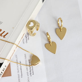 Kit Colar + Brinco Argola + Anel de Dedinho Regulável Coração  — Banho de Ouro 18k