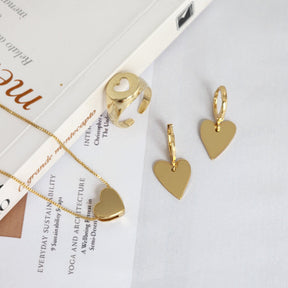 Kit Colar + Brinco Argola + Anel de Dedinho Regulável Coração  — Banho de Ouro 18k