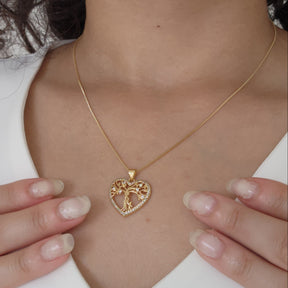 Kit Conjunto Colar Árvore da Vida Coração Cravejado + Brinco Argola Cravejado — Banho de Ouro 18k