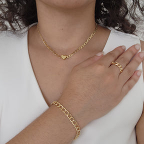 Kit Colar + Pulseira + Anel Regulável Elos Groumet Coração - Banho de Ouro 18k