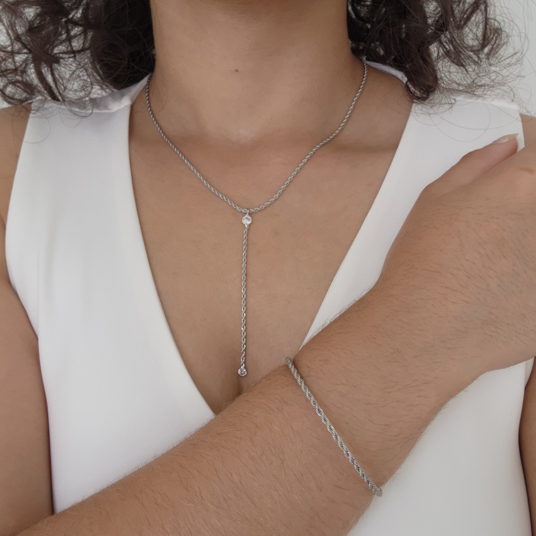 Kit Colar Gravatinha Cordão Baiano + Bracelete Cordão Baiano - Banho de Ródio Branco