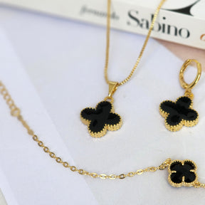 Kit Colar + Brinco Argola + Pulseira Trevo Resinado Preto - Banho de Ouro 18k