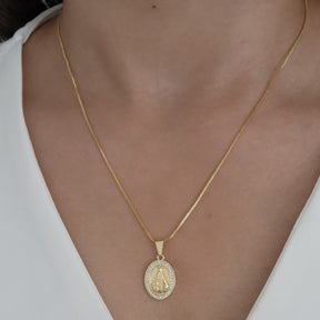 Kit Colar Nossa Senhora Cravejado + Pulseira Nossa Senhora Texturizada - Banho de Ouro 18k