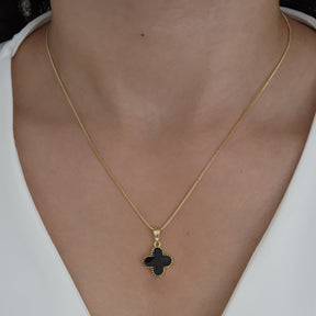 Kit Colar + Brinco Argola + Pulseira Trevo Resinado Preto - Banho de Ouro 18k