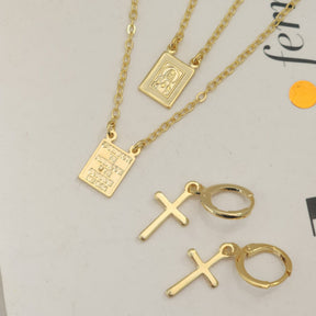 Kit Colar Escapulário Jesus Cristo + Brinco Argola Cruz - Banho de Ouro 18k