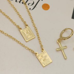 Kit Colar Escapulário Jesus Cristo + Brinco Argola Cruz - Banho de Ouro 18k