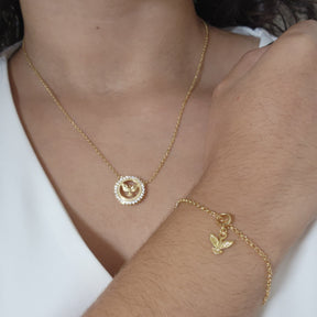Kit Colar Espírito Santo Cravejado + Pulseira Espírito Santo Texturizada - Banho de Ouro 18k