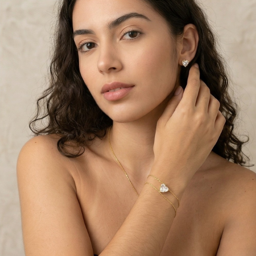 Kit Colar + Brinco + Pulseira Coração Ponto de Luz Zircônia Cristal - Banho de Ouro 18k