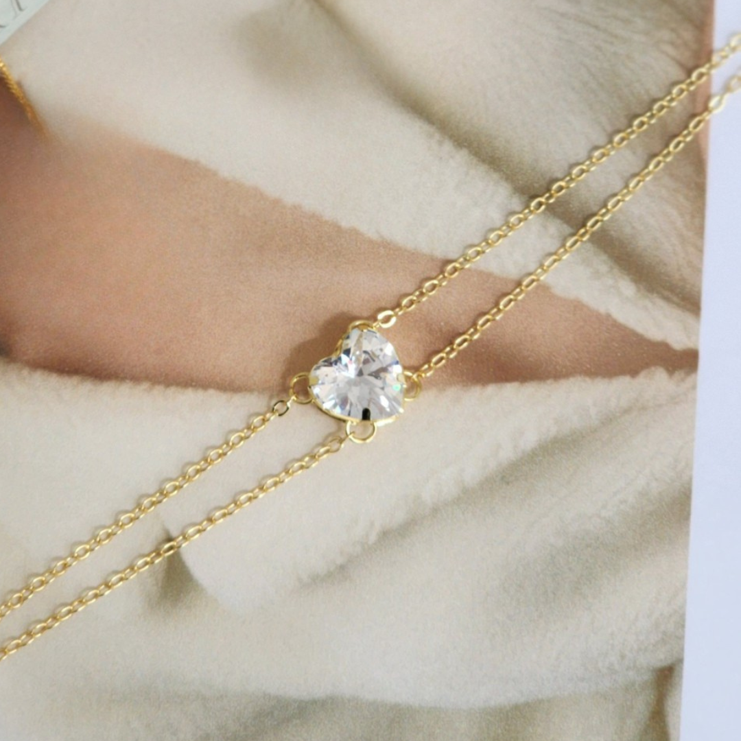 Pulseira Coração Ponto de Luz em Zircônia Cristal - Banho de Ouro 18k