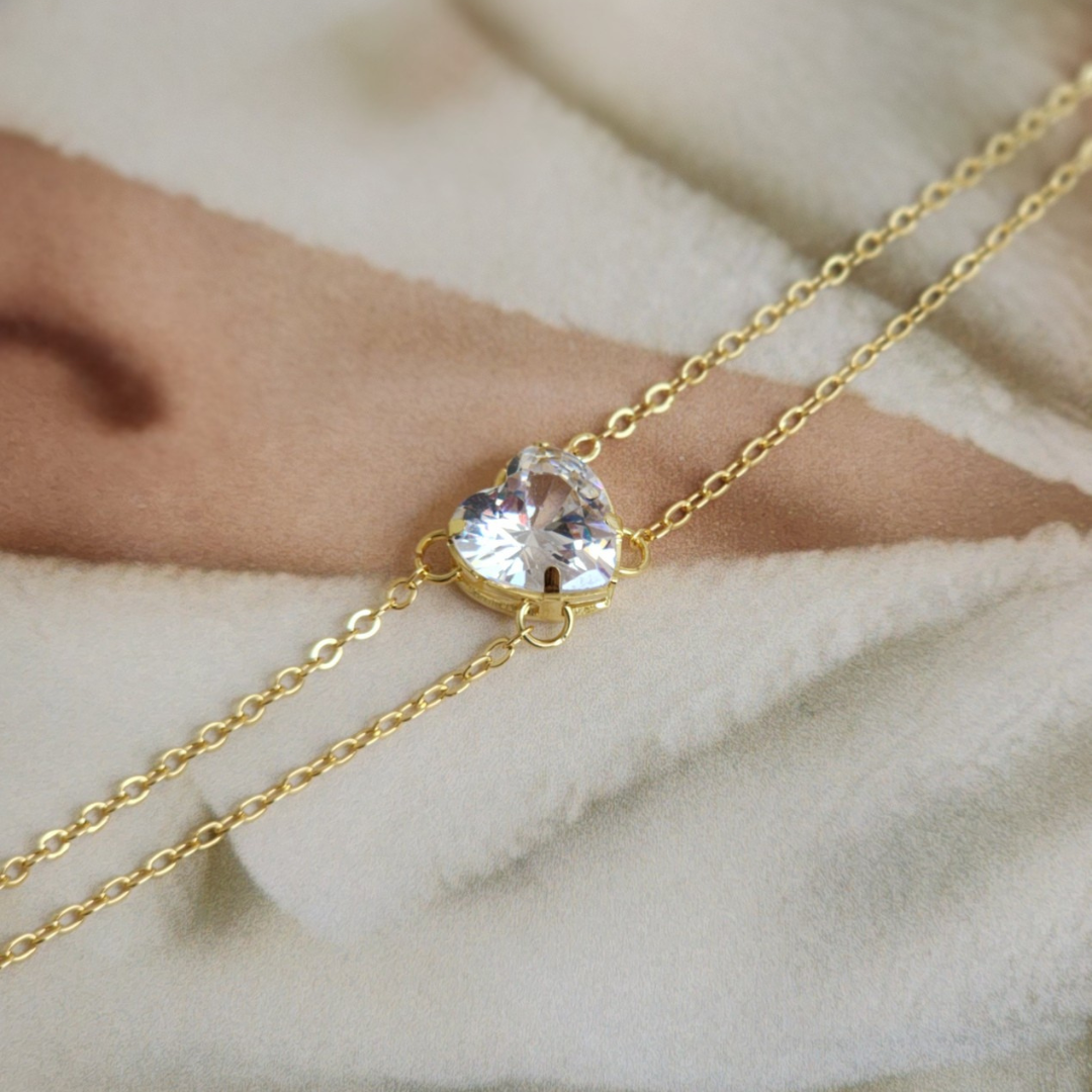 Pulseira Coração Ponto de Luz em Zircônia Cristal - Banho de Ouro 18k