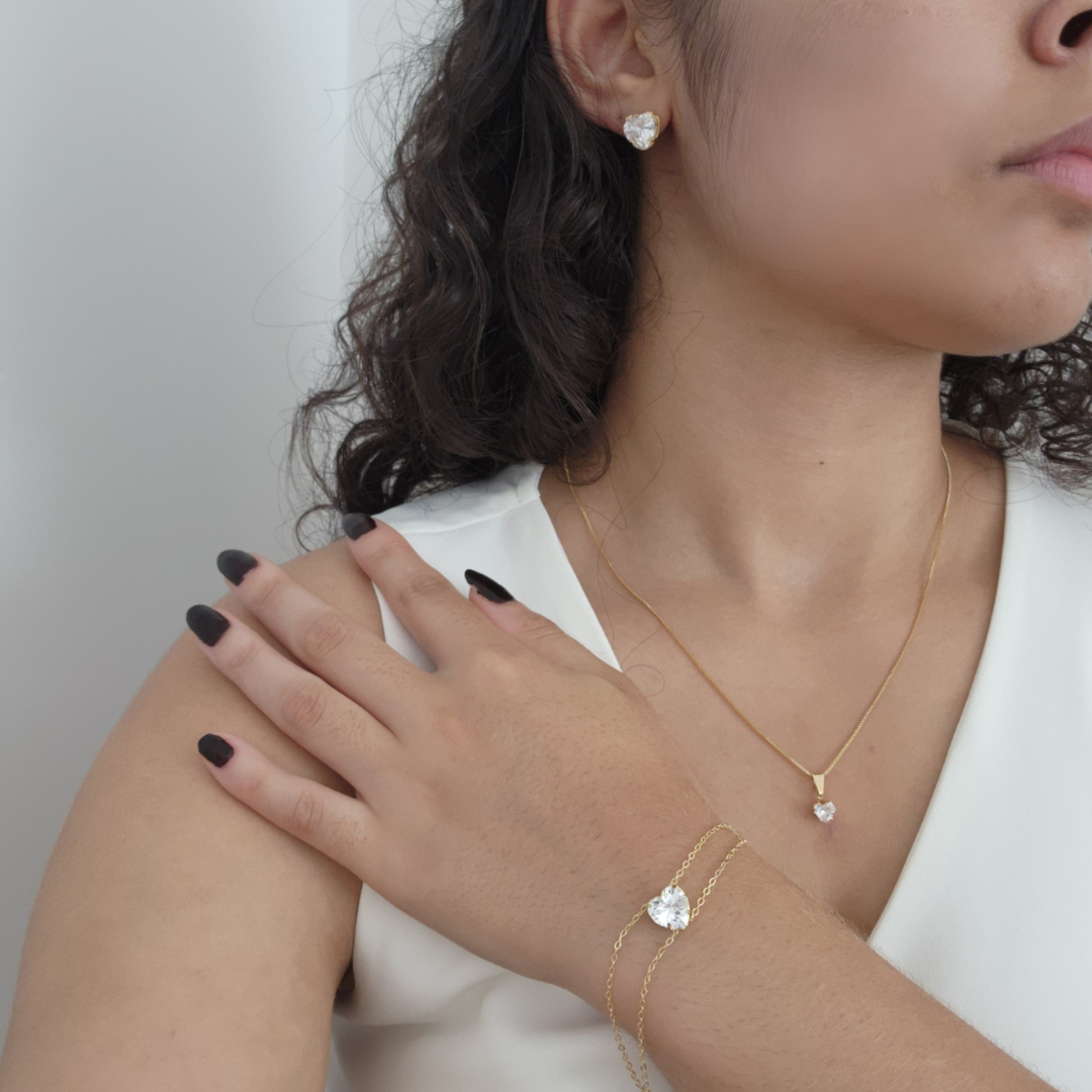 Kit Colar + Brinco + Pulseira Coração Ponto de Luz Zircônia Cristal - Banho de Ouro 18k