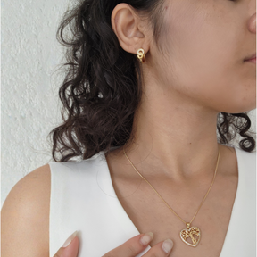 Kit Conjunto Colar Árvore da Vida Coração Cravejado + Brinco Argola Cravejado — Banho de Ouro 18k
