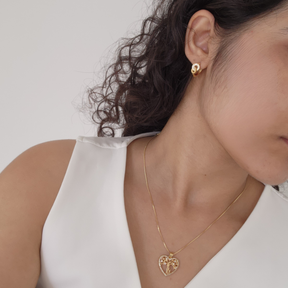Kit Conjunto Colar Árvore da Vida Coração Cravejado + Brinco Argola Cravejado — Banho de Ouro 18k